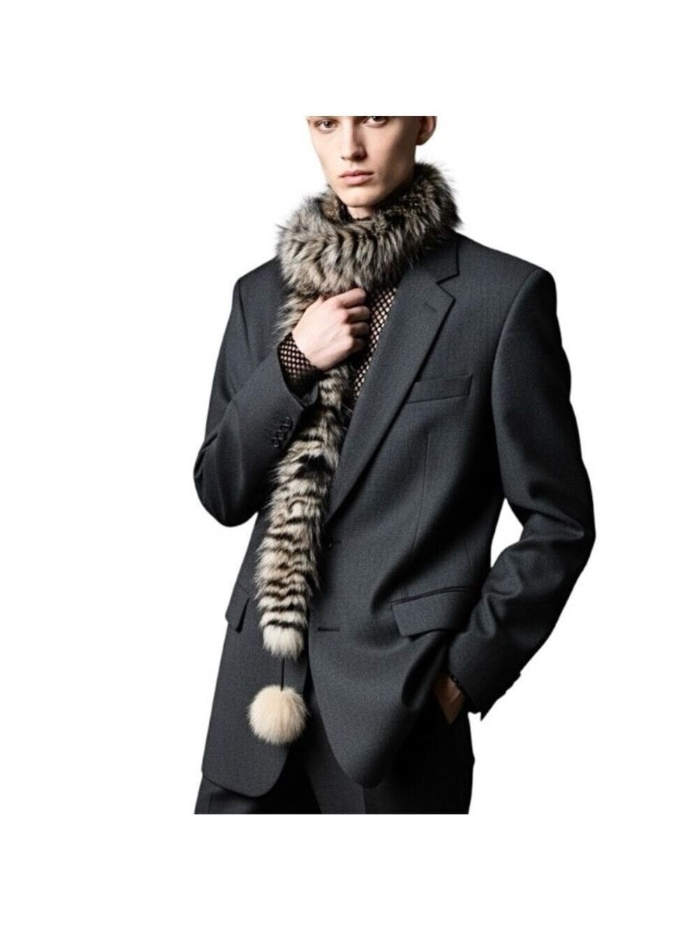 Genuine fur black beige tan fuzzy pom pom thin scarf